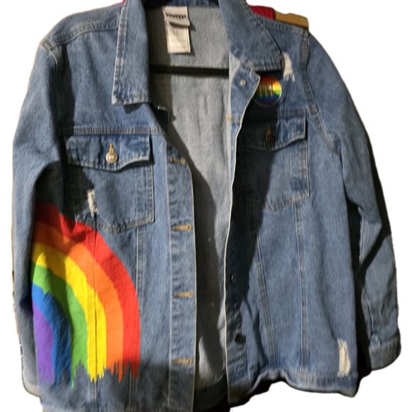 M&M Rainbow Vibes Denim Jean Jacket Large Pride Distressed - Picture 4 of 16